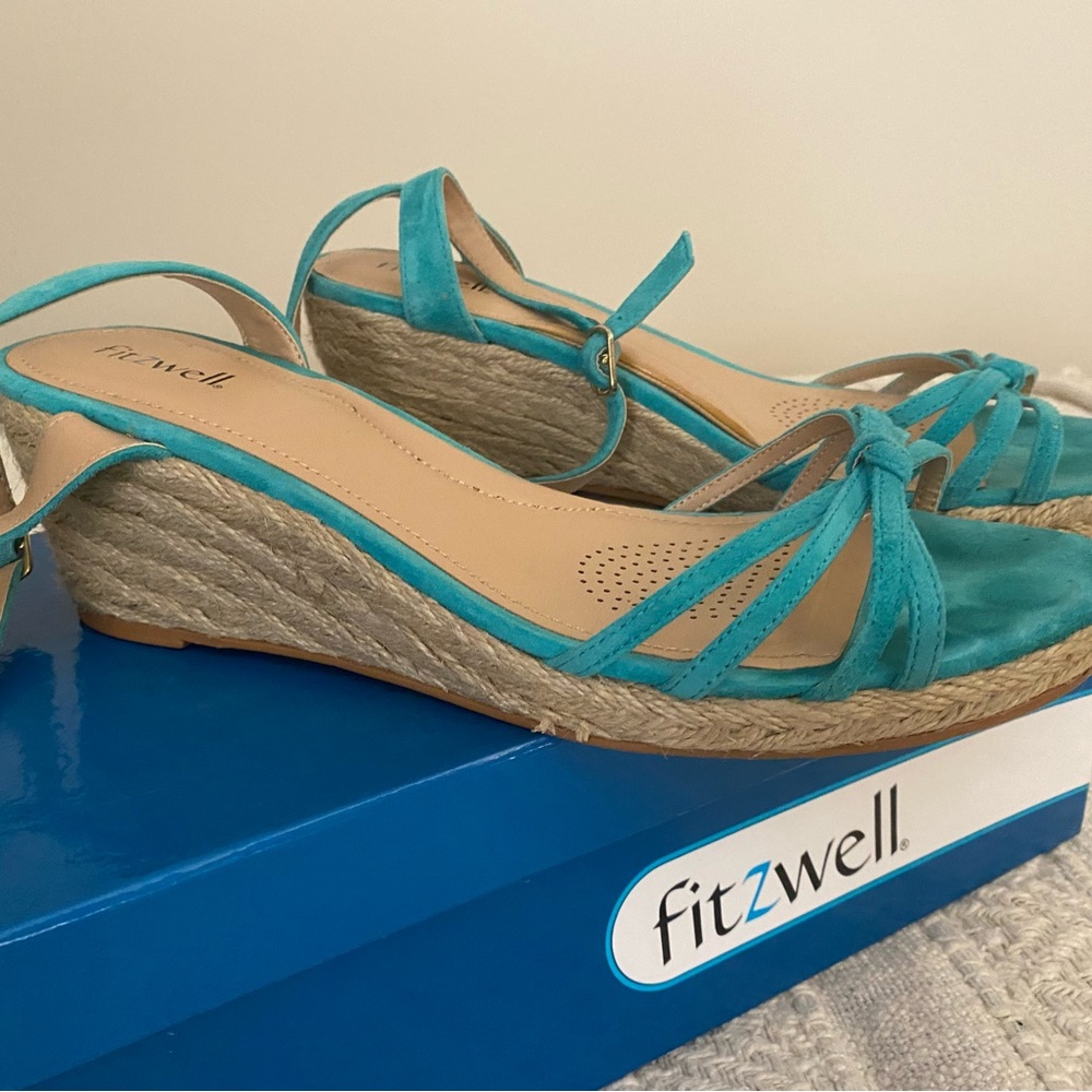 FitZwell Teal Suede Espadrille Wedge Sandals